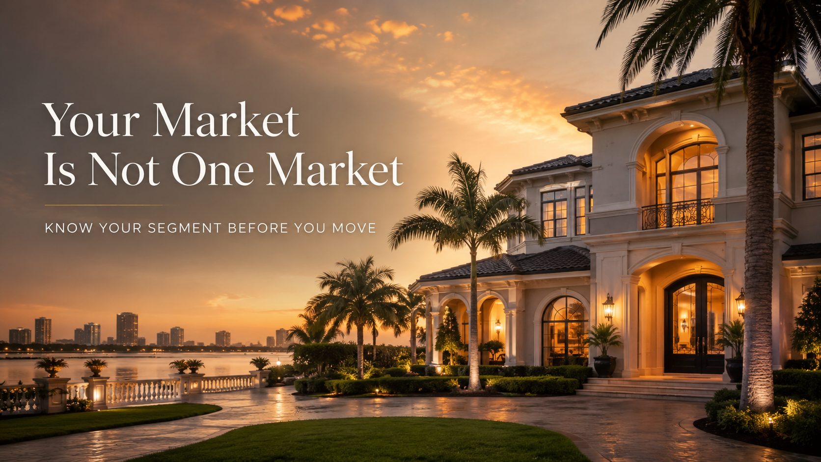 A polished Tampa Bay luxury home exterior at golden hour with clean landscaping, warm lighting, and subtle text overlay:“Your Market Is Not One Market”
Small subtext: “Know Your Segment Before You Move”