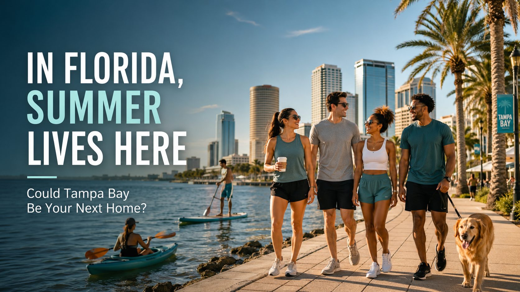 Young adults enjoying Tampa Bay’s year-round outdoor lifestyle near the waterfront, with kayaking, palm trees, and the Tampa skyline.